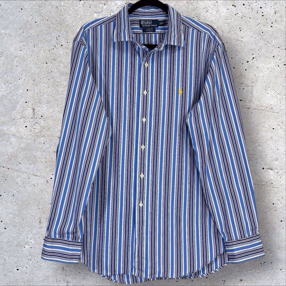 Polo Ralph Lauren Stanton Classic Fit Shirt Mens XL Blue Stripe Cotton Button Up - Picture 2 of 9